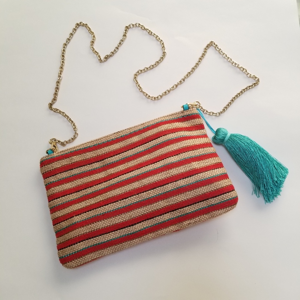 Market & Spruce Striped Red Turquoise Tan Brown & Black Tassle Crossbody Handbag